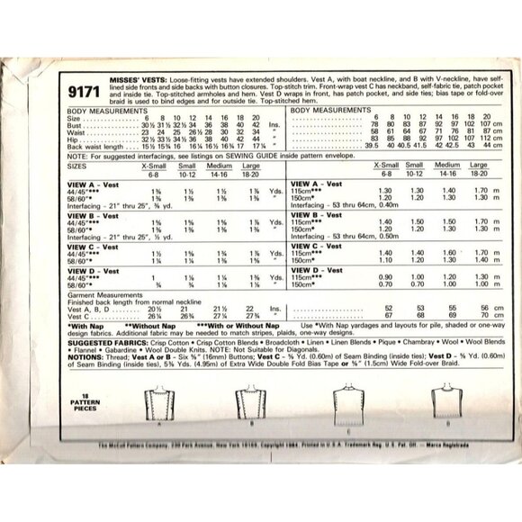 McCall's 9171 Misses Small Vintage Vest Uncut Sewing Pattern 1984 New - Picture 2 of 2